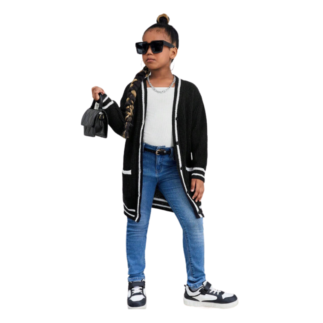 Girl's Black Long Cardigan