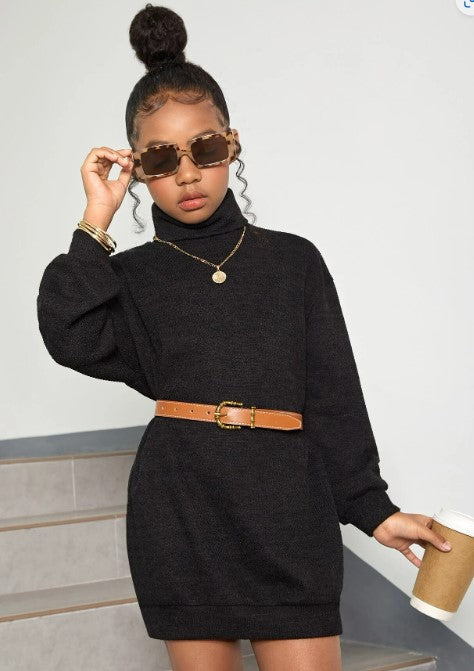 Girl High Neck Shoulder Black Dress