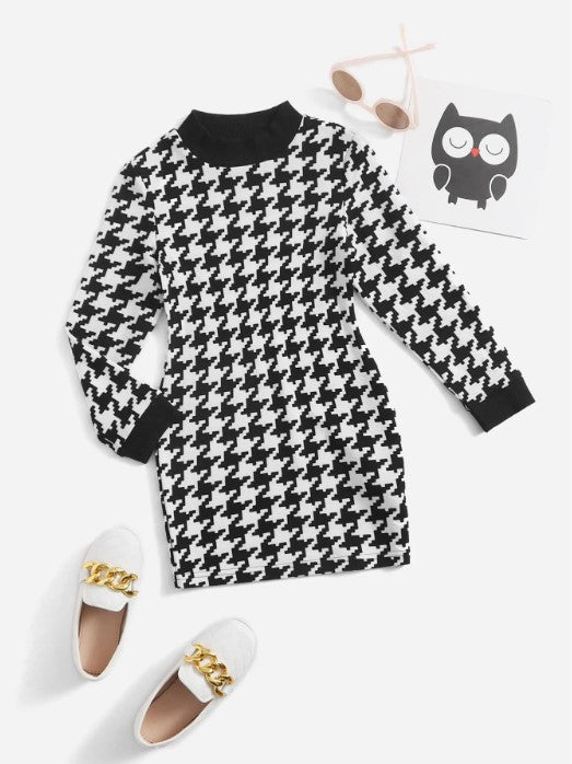 Mock Neck Dress with Hounds Tooth Pattern